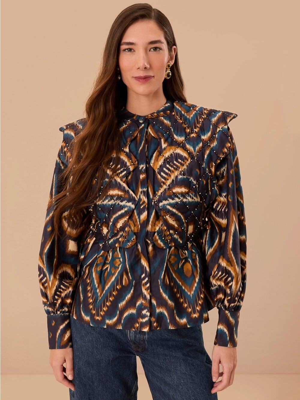 NWT Farm Rio Pineapple Ikat Blue Matelasse Blouse XL